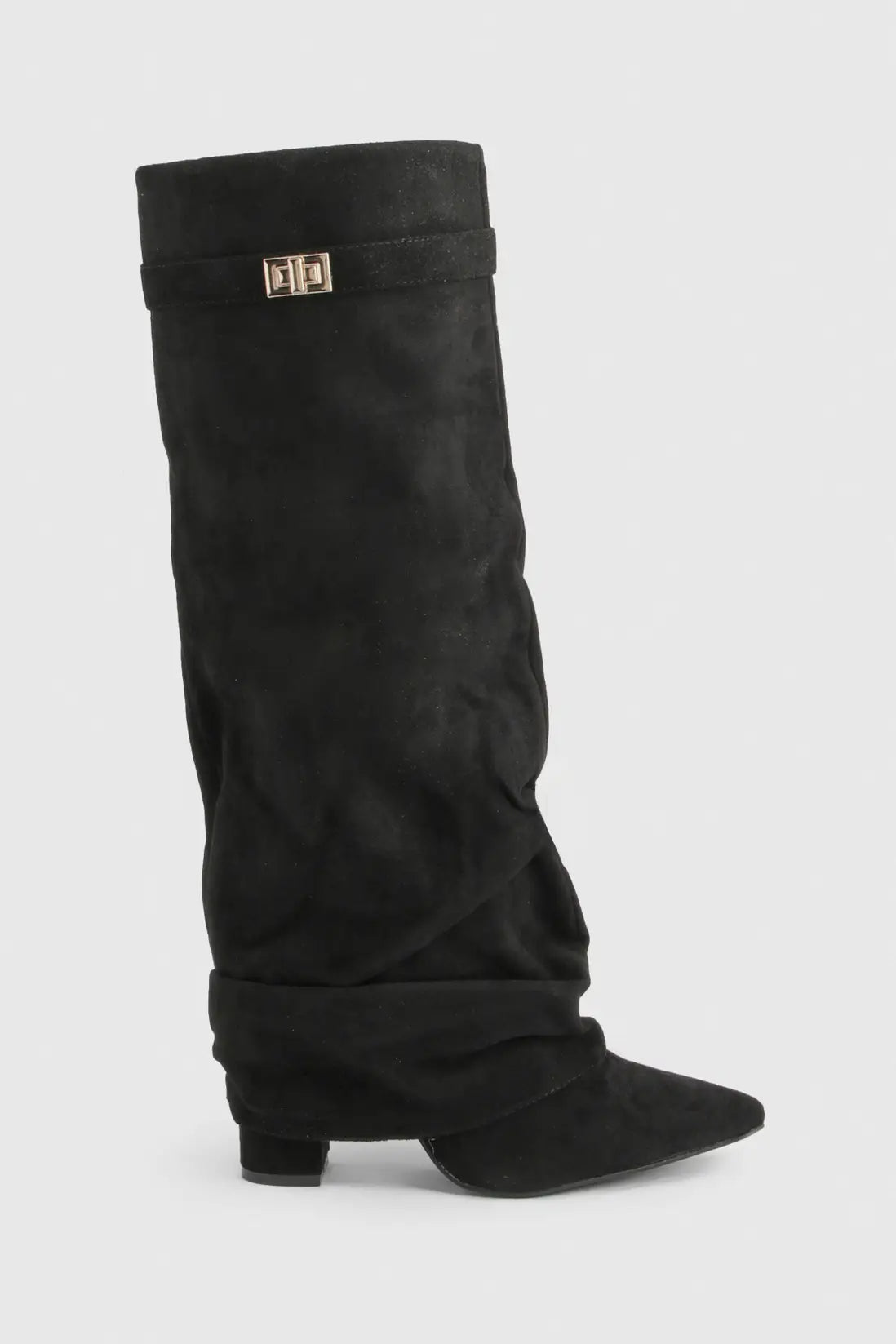 Women's slouch knee-high boot with pointed toe and low block heel