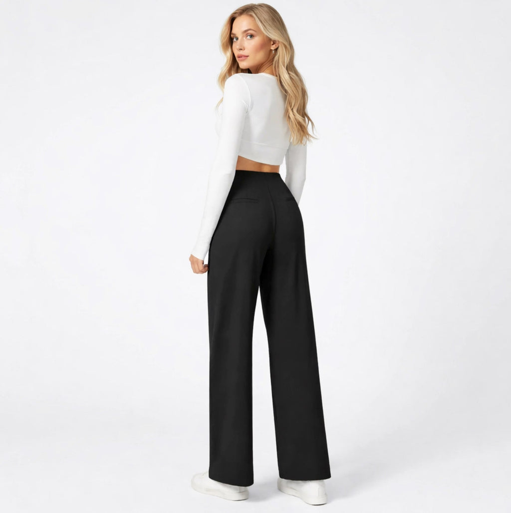 Women's high-waisted wide-leg trousers shown in multiple colours