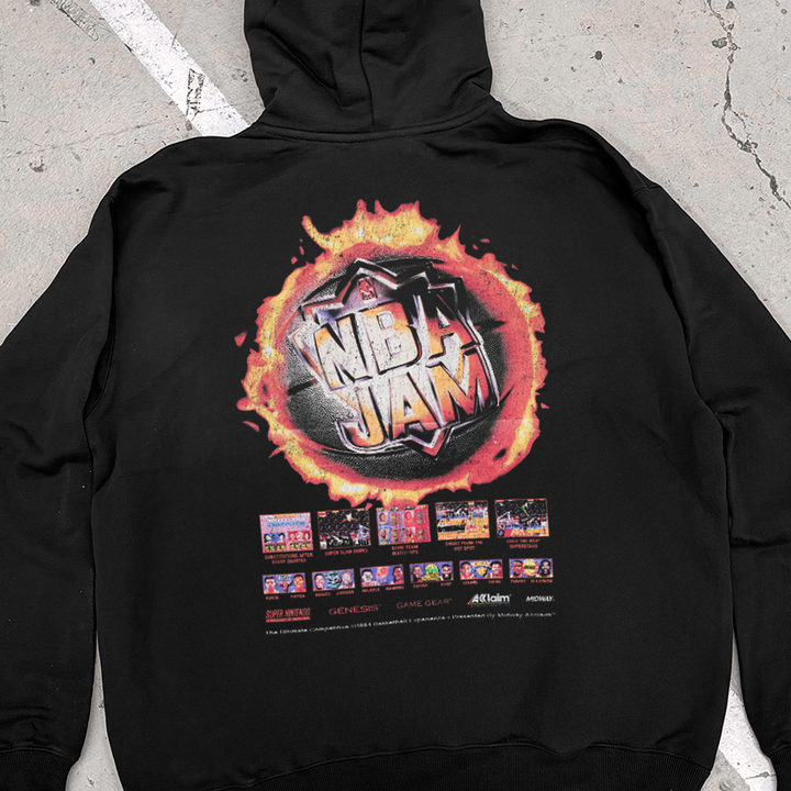 Black unisex hoodie with NBA JAM flame basketball back graphic