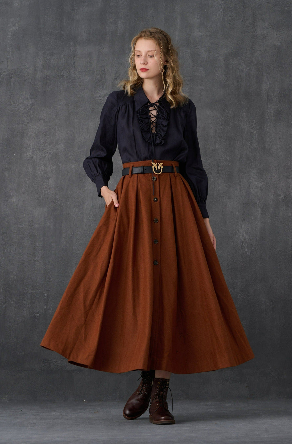 Women's brown high-waisted button front maxi skirt
