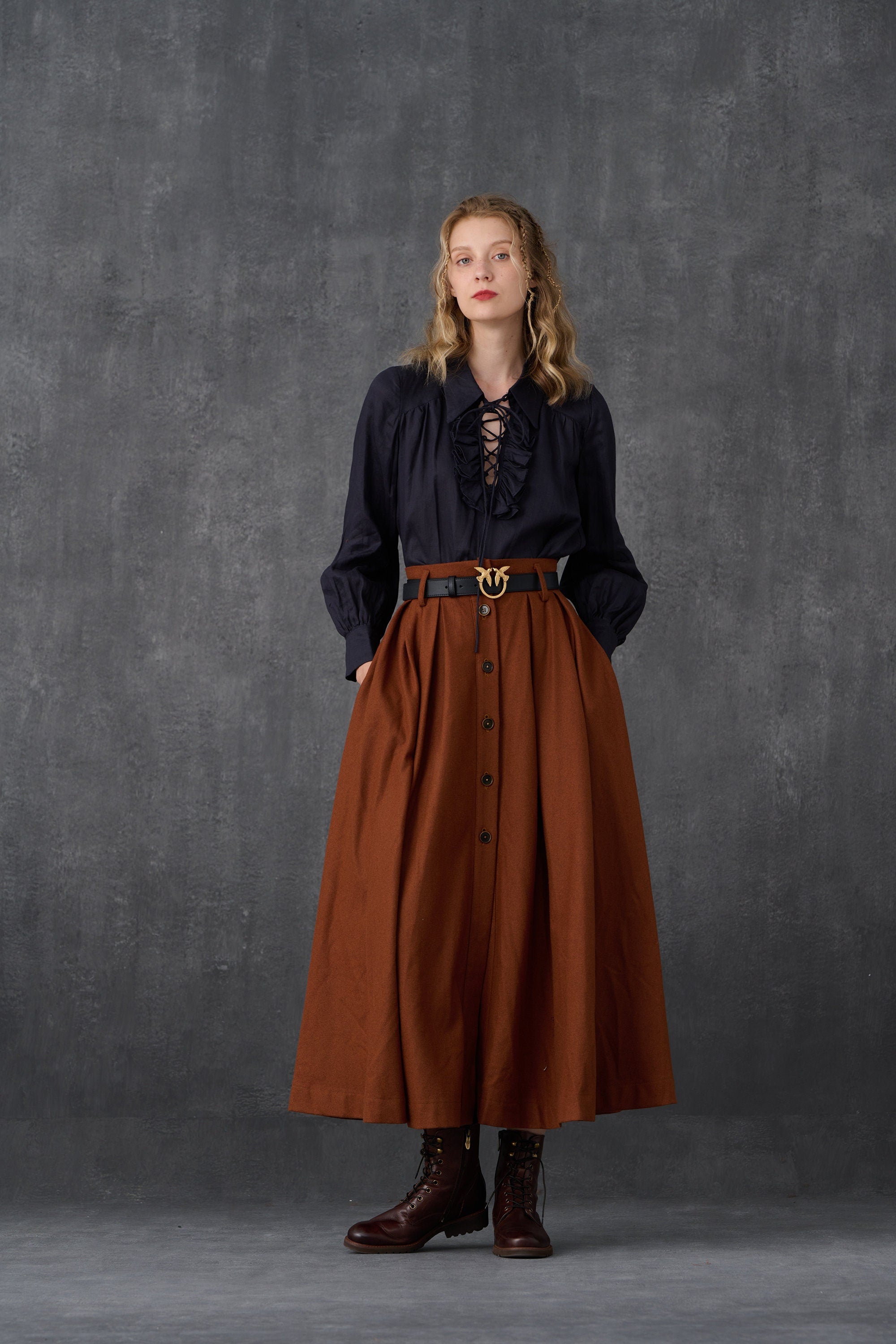 Women's brown high-waisted button front maxi skirt