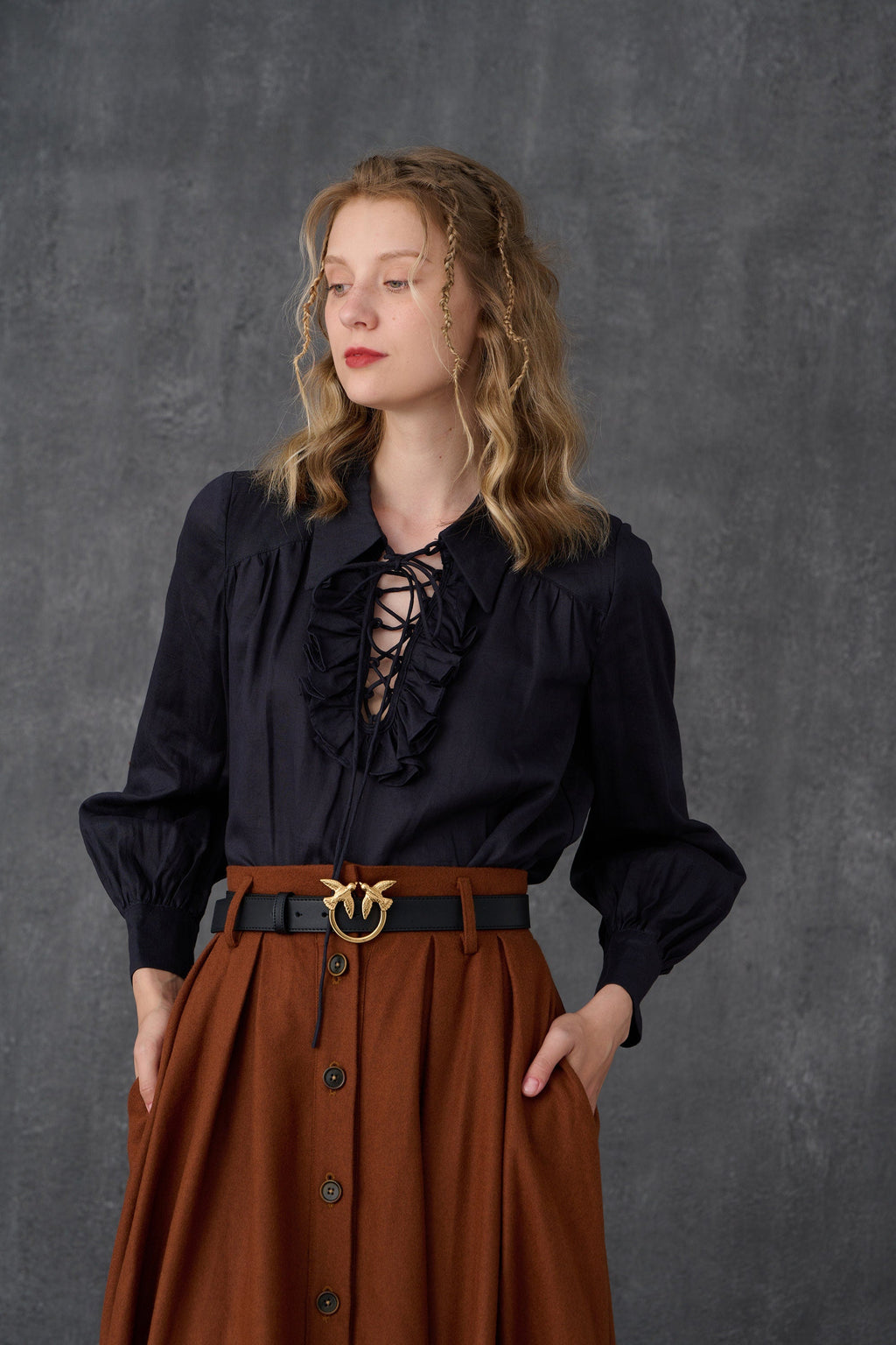 Women's brown high-waisted button front maxi skirt