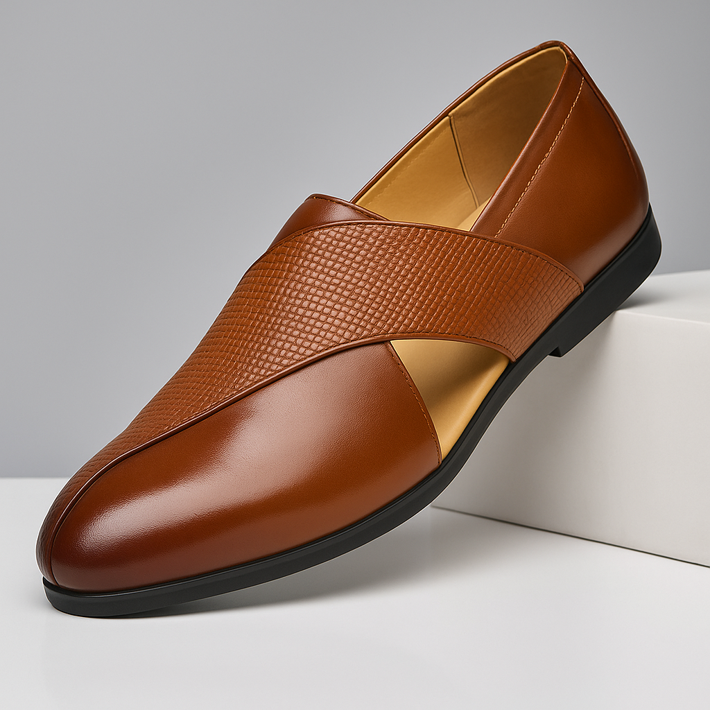 Textured loafers with penny-style straps in brown and black