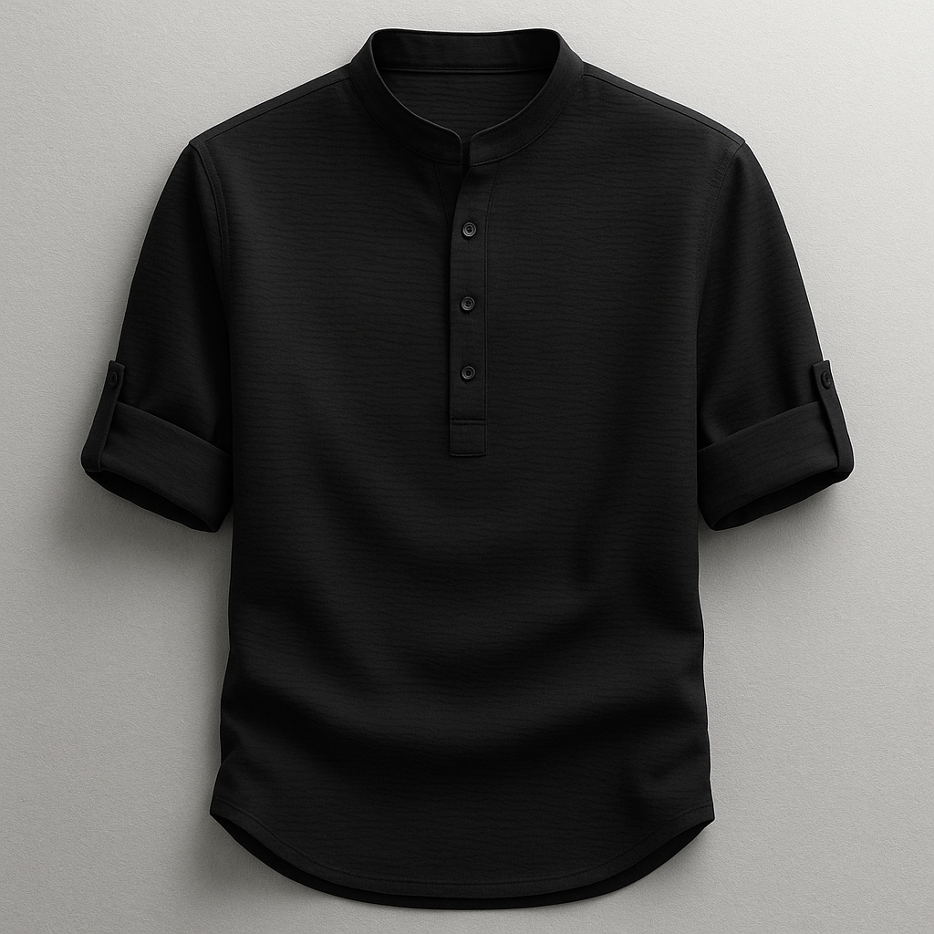 Men's textured Henley shirt with mandarin collar and button placket