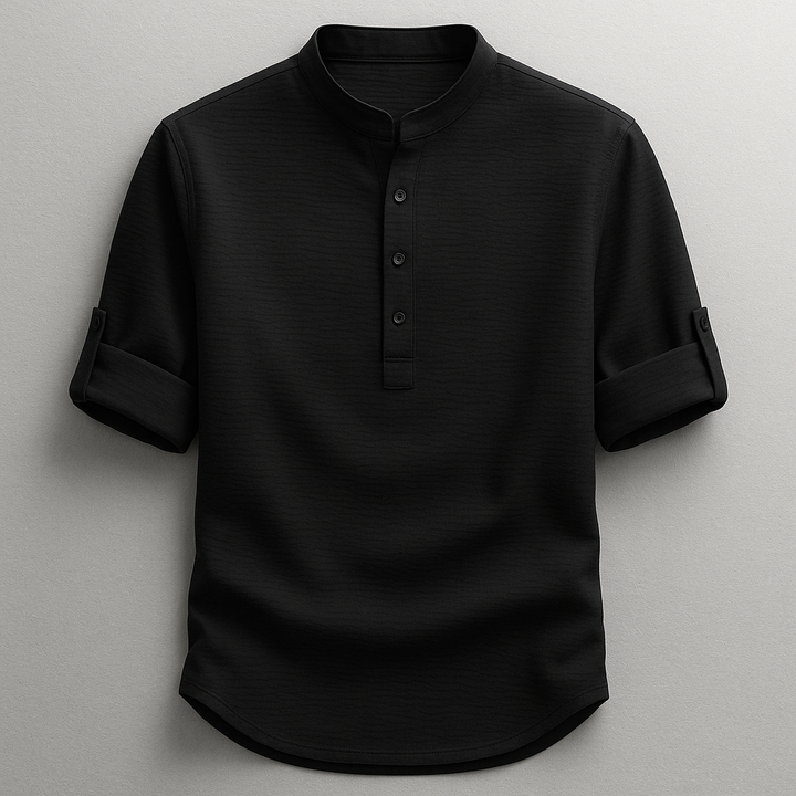 Men's textured Henley shirt with mandarin collar and button placket