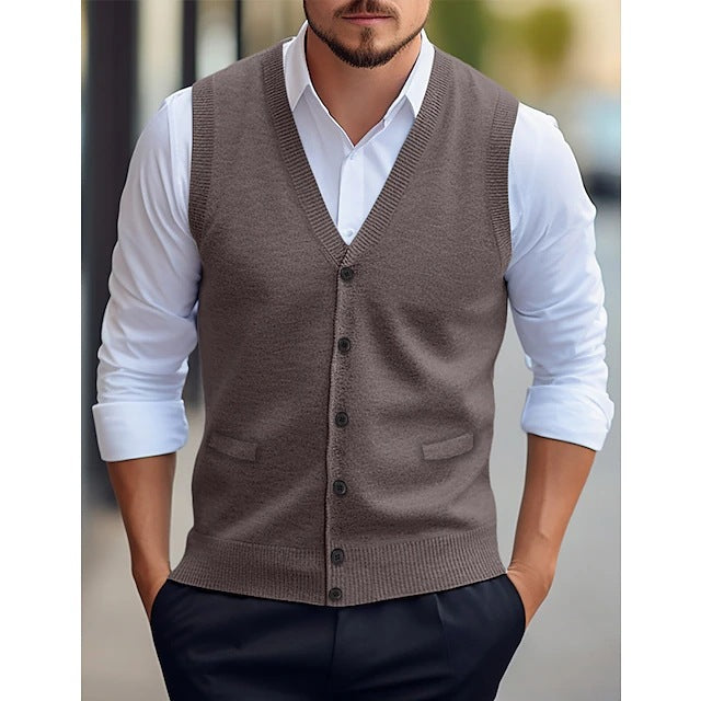 Men's sleeveless V-neck knit vest with button front and welt pockets
