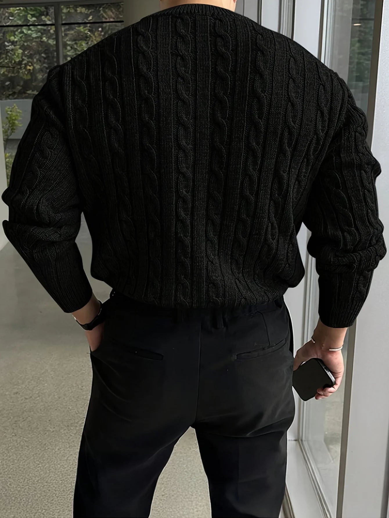Men's textured cable knit crew neck sweater with long sleeves