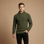 Men's textured turtleneck sweater with cowl collar and button detail