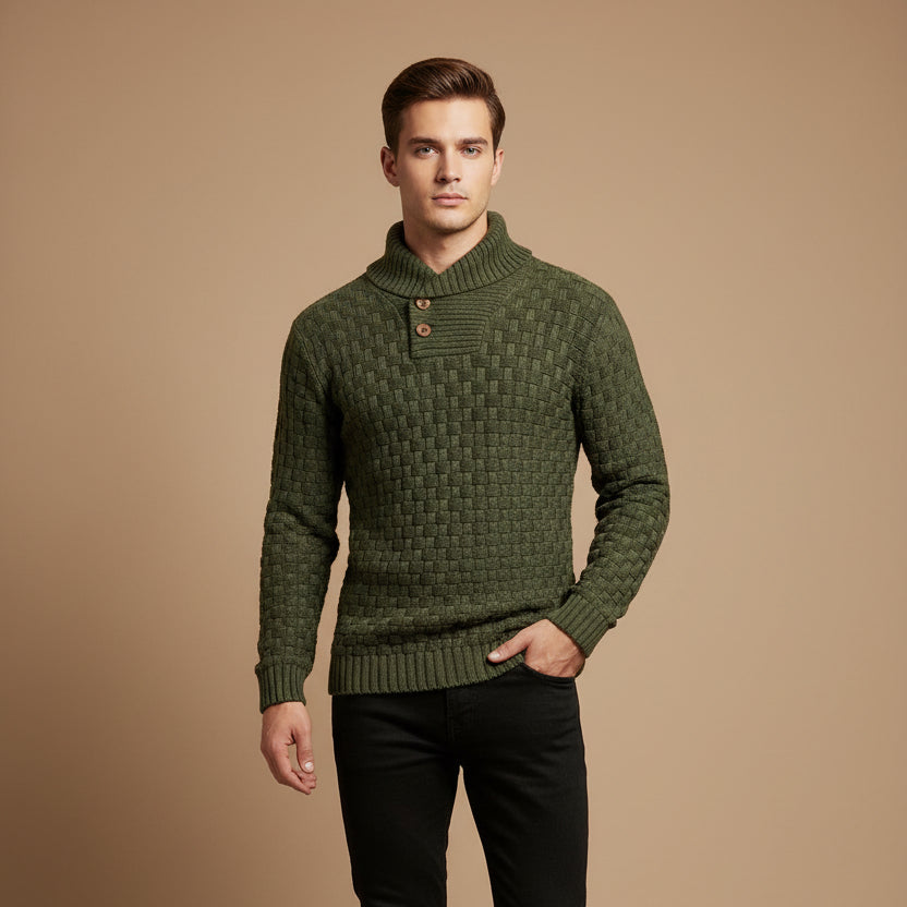 Men's textured turtleneck sweater with cowl collar and button detail