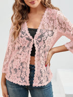 Women's sheer floral lace cardigan with open front and 3/4 sleeves