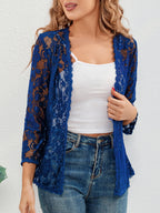 Women's sheer floral lace cardigan with open front and 3/4 sleeves