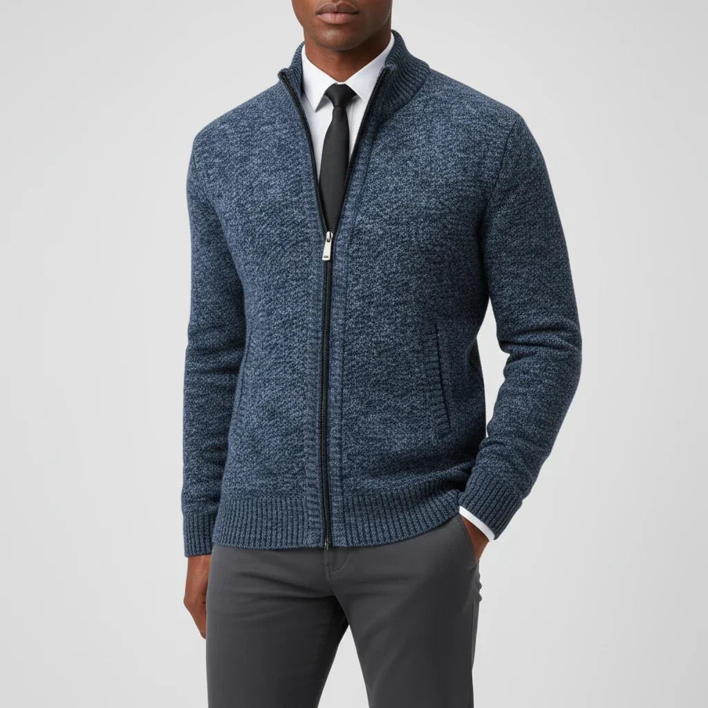 Men's stand collar cardigan sweater with zip front and side pockets