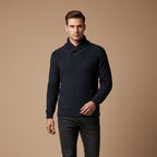 Men's textured turtleneck sweater with cowl collar and button detail