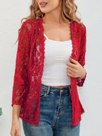 Women's sheer floral lace cardigan with open front and 3/4 sleeves