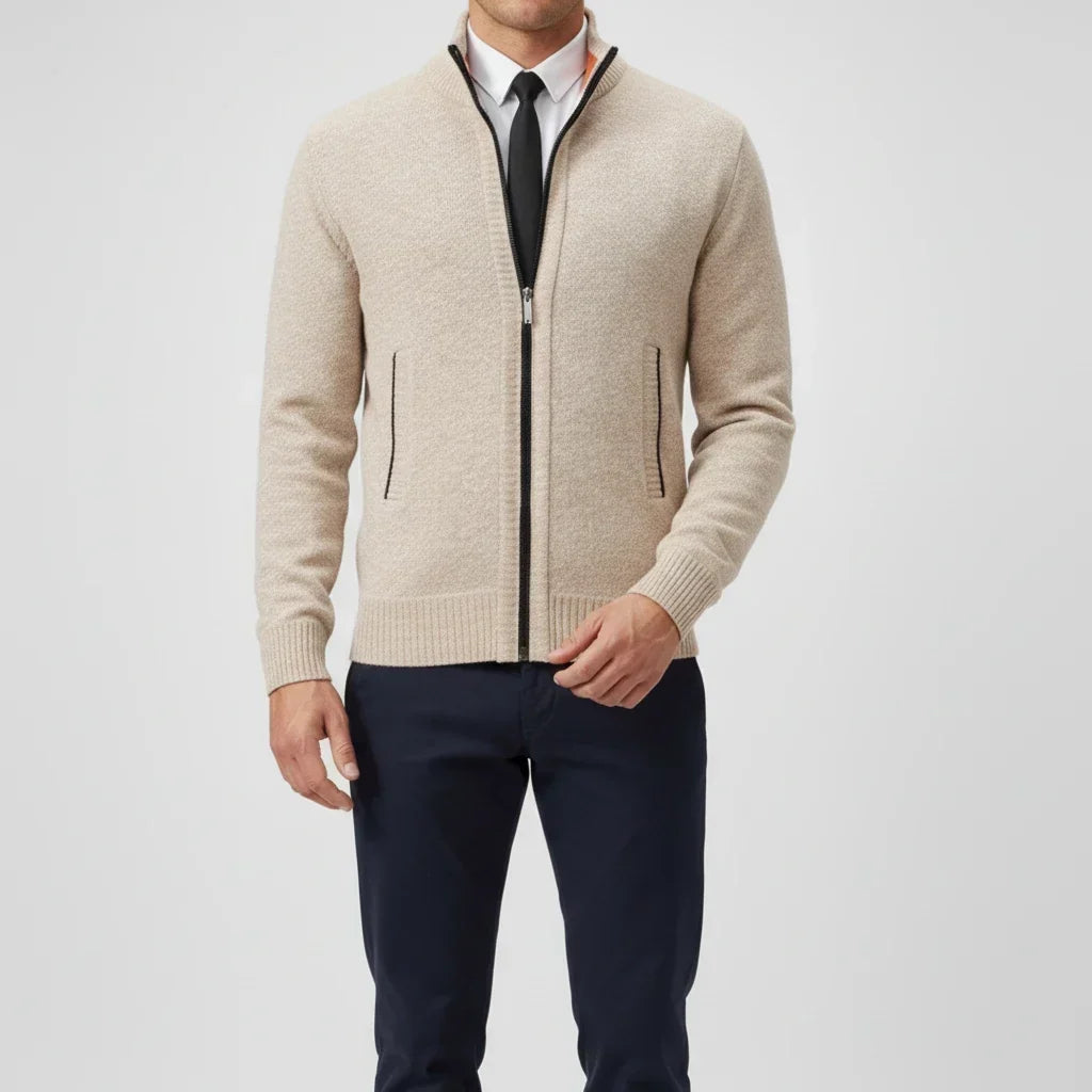 Men's stand collar cardigan sweater with zip front and side pockets