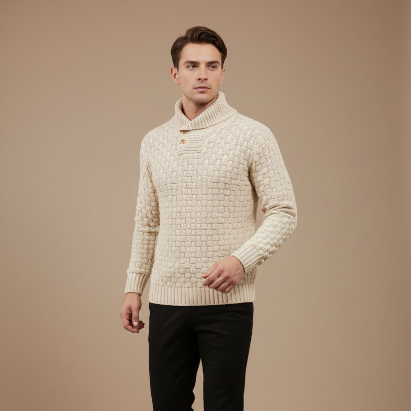Men's textured turtleneck sweater with cowl collar and button detail