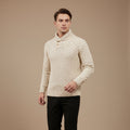 Men's textured turtleneck sweater with cowl collar and button detail