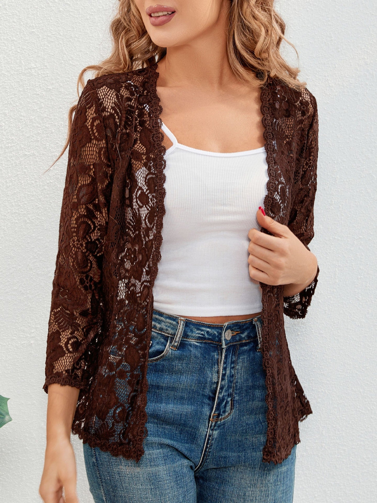 Women's sheer floral lace cardigan with open front and 3/4 sleeves
