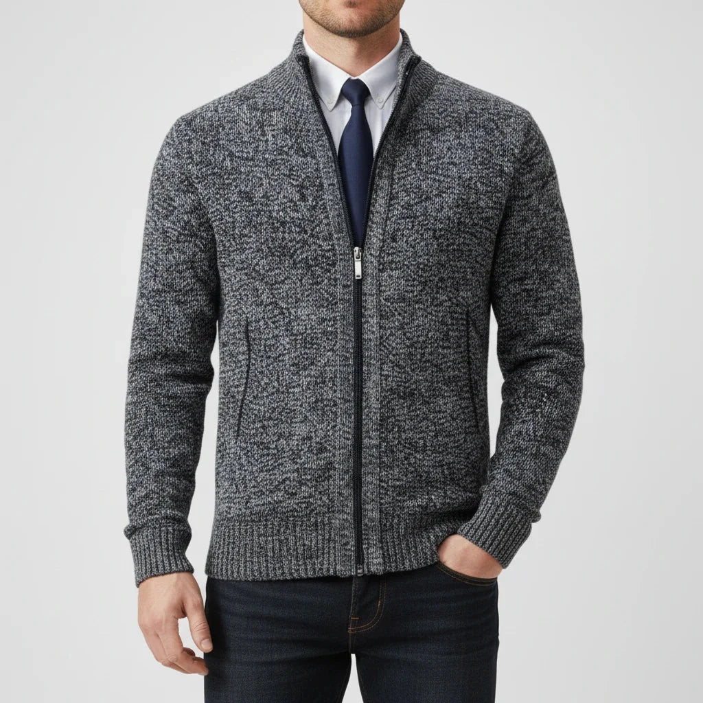 Men's stand collar cardigan sweater with zip front and side pockets