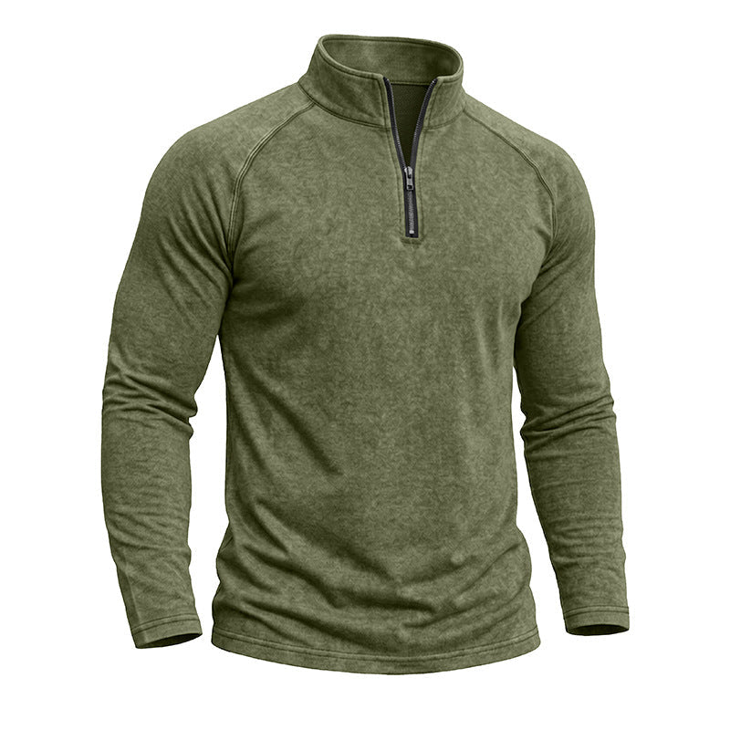 Men's long-sleeve quarter-zip sweatshirt with mock neck and washed texture