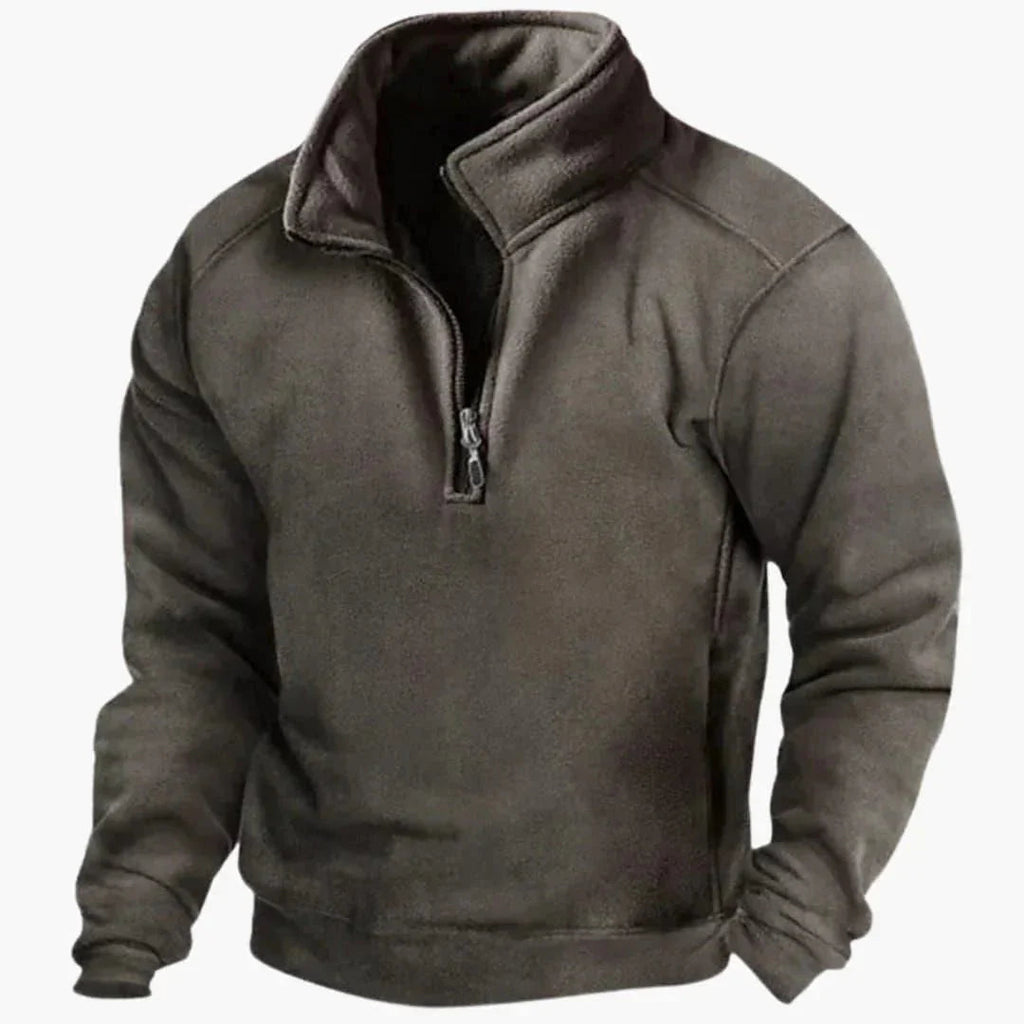 Men's plain fleece pullover sweater with high collar and quarter-zip fastening