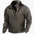 Men's plain fleece pullover sweater with high collar and quarter-zip fastening