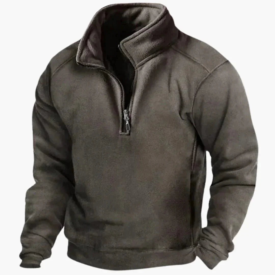 Men's plain fleece pullover sweater with high collar and quarter-zip fastening