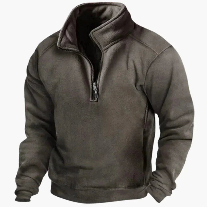 Men's plain fleece pullover sweater with high collar and quarter-zip fastening