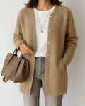 Women's longline button cardigan with round neckline and long sleeves