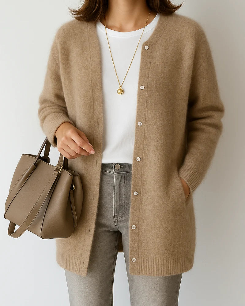 Women's longline button cardigan with round neckline and long sleeves