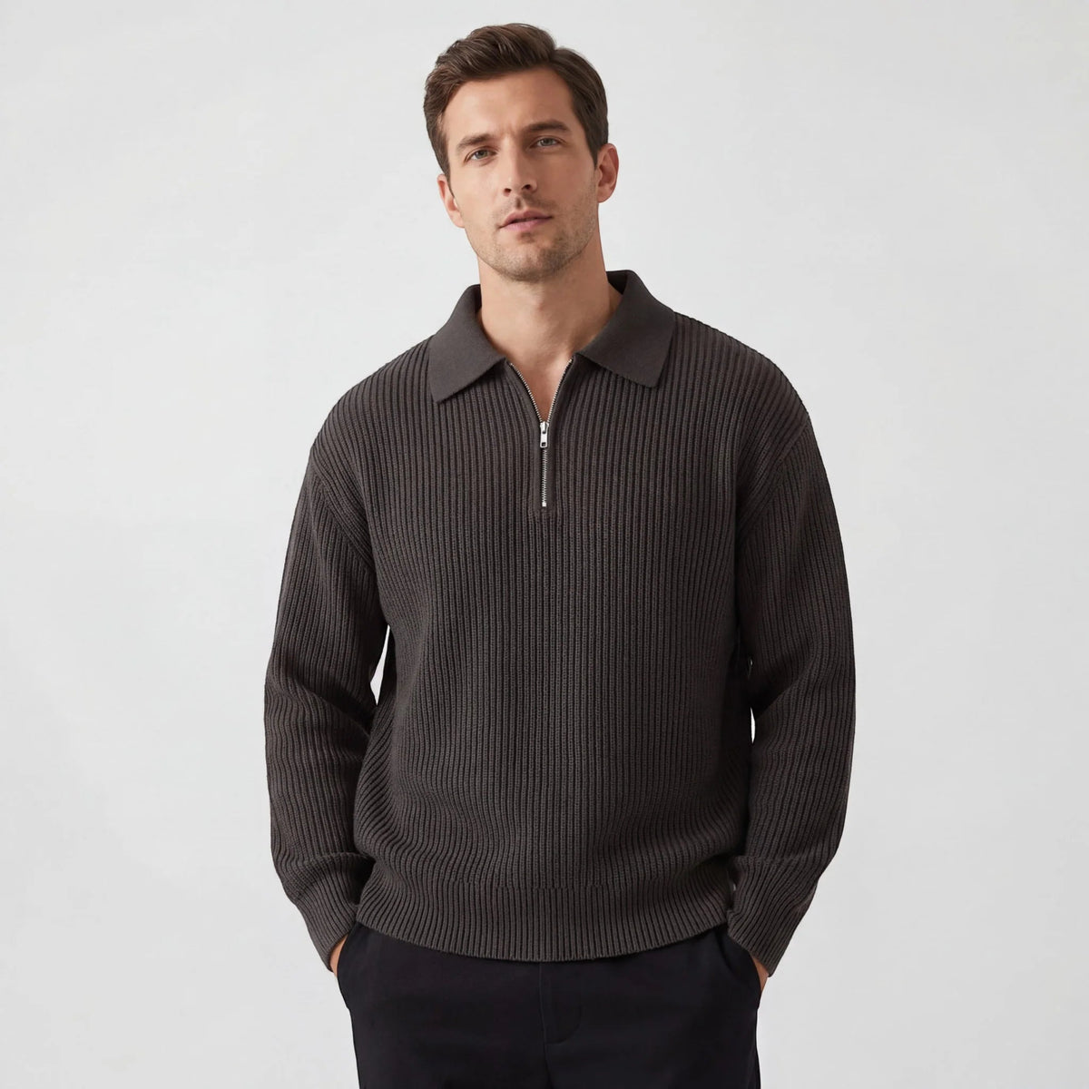Men's ribbed collared sweater with half-zip fastening and long sleeves