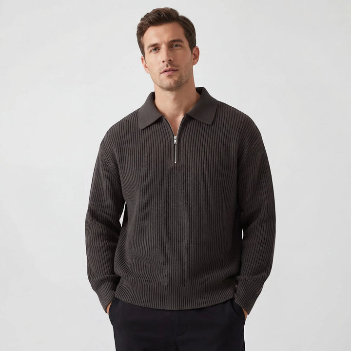 Men's ribbed collared sweater with half-zip fastening and long sleeves