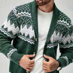 Men's knitted cardigan with shawl collar, buttons and contrasting geometric pattern