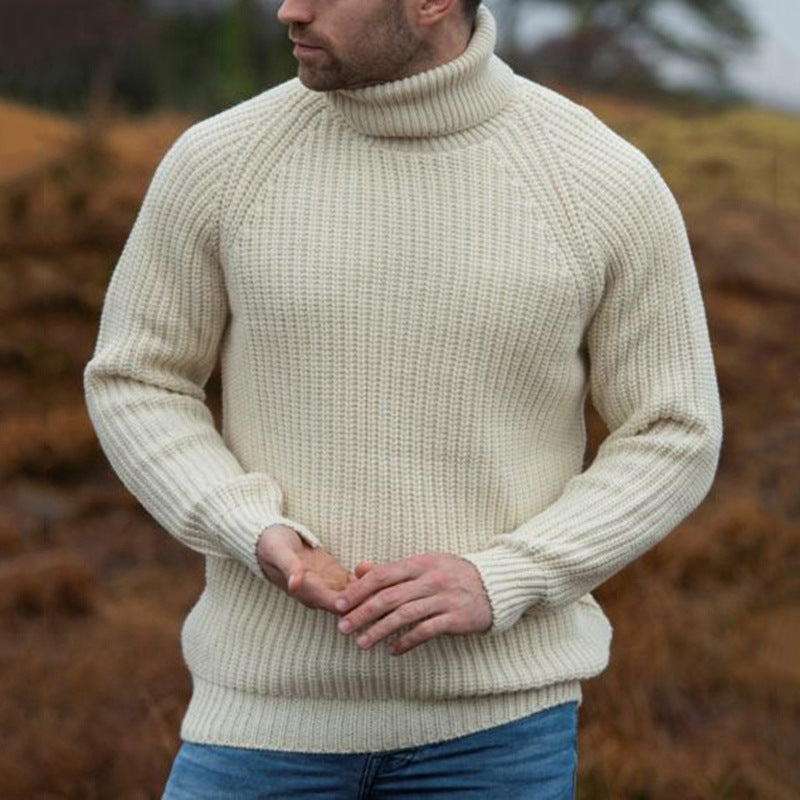 Men's beige ribbed turtleneck sweater with long sleeves
