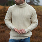 Men's beige ribbed turtleneck sweater with long sleeves
