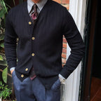 Men's slim fit ribbed knit cardigan with V-neck and button front