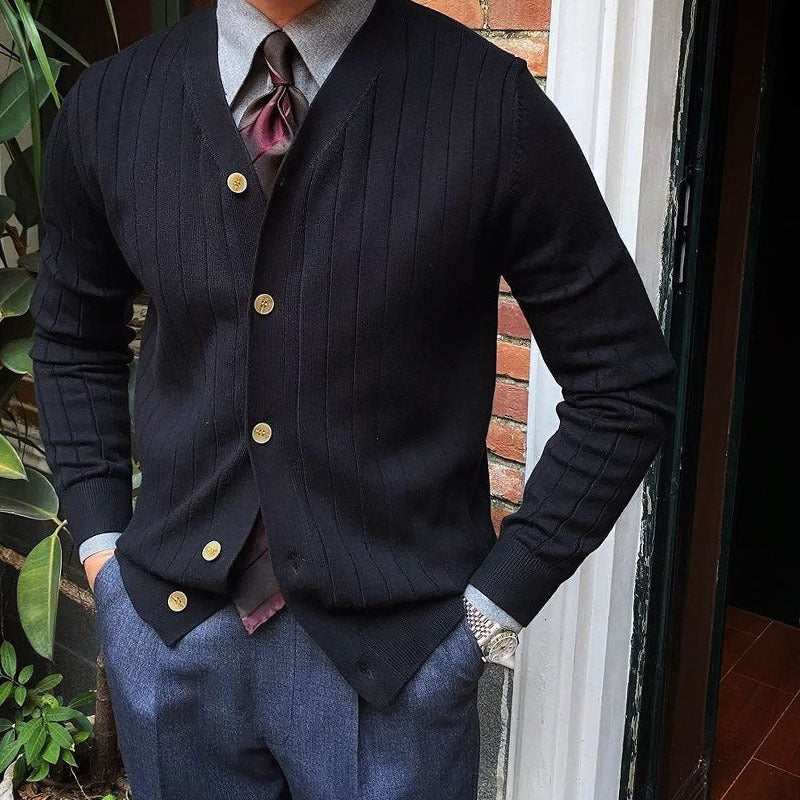 Men's slim fit ribbed knit cardigan with V-neck and button front