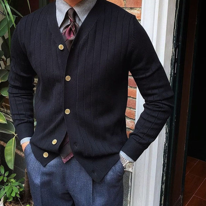 Men's slim fit ribbed knit cardigan with V-neck and button front