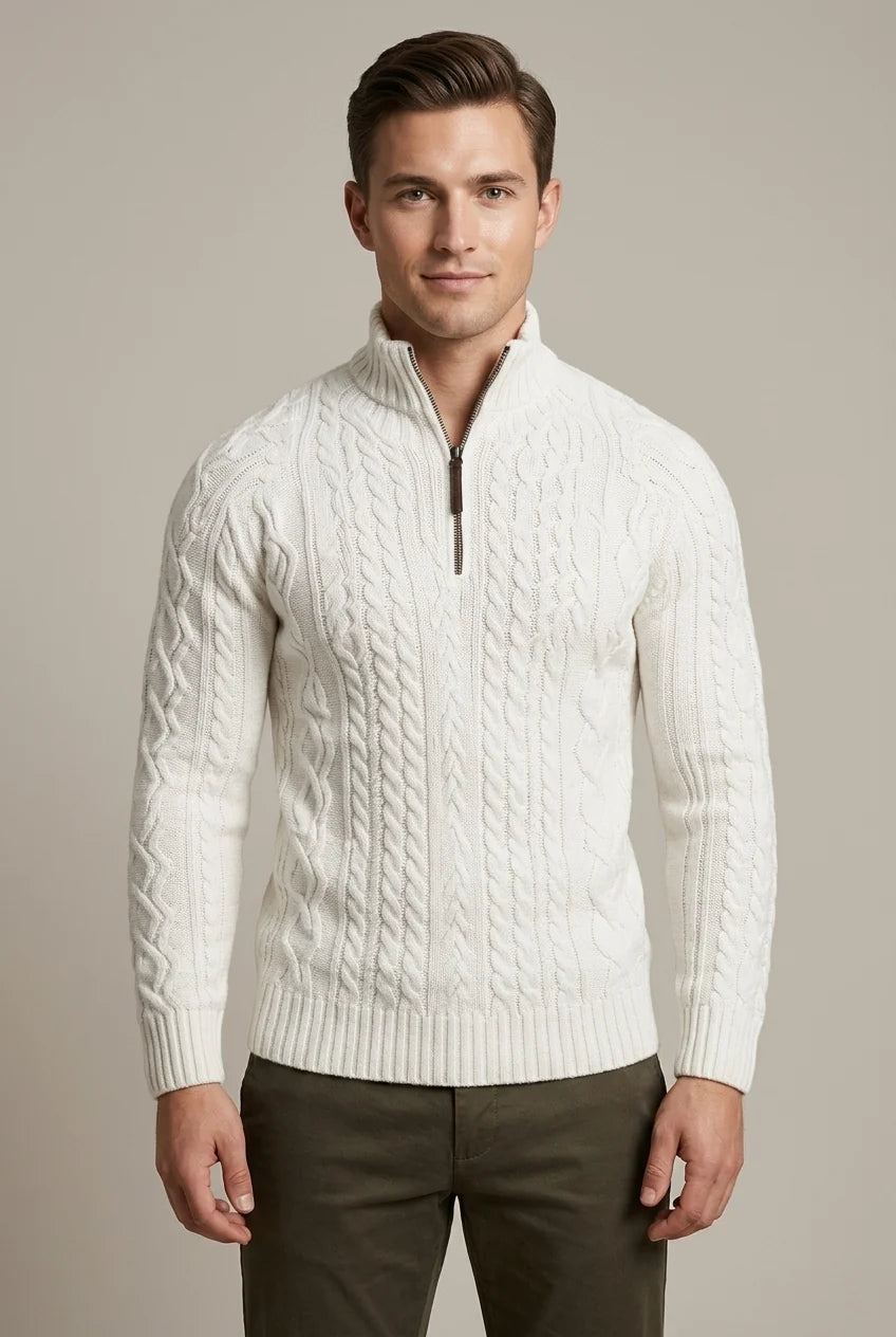 Men's textured cable knit quarter-zip sweater with mock neck and long sleeves