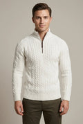 Men's textured cable knit quarter-zip sweater with mock neck and long sleeves