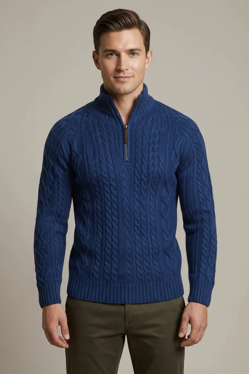 Men's textured cable knit quarter-zip sweater with mock neck and long sleeves