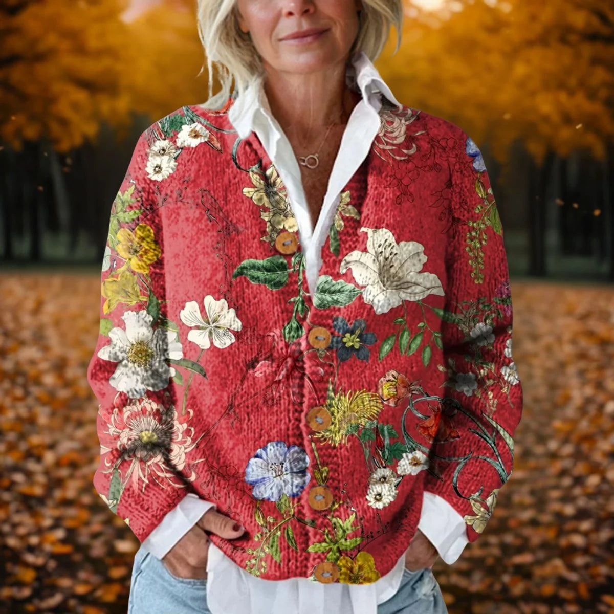 Women's red floral textured knit cardigan with long sleeves