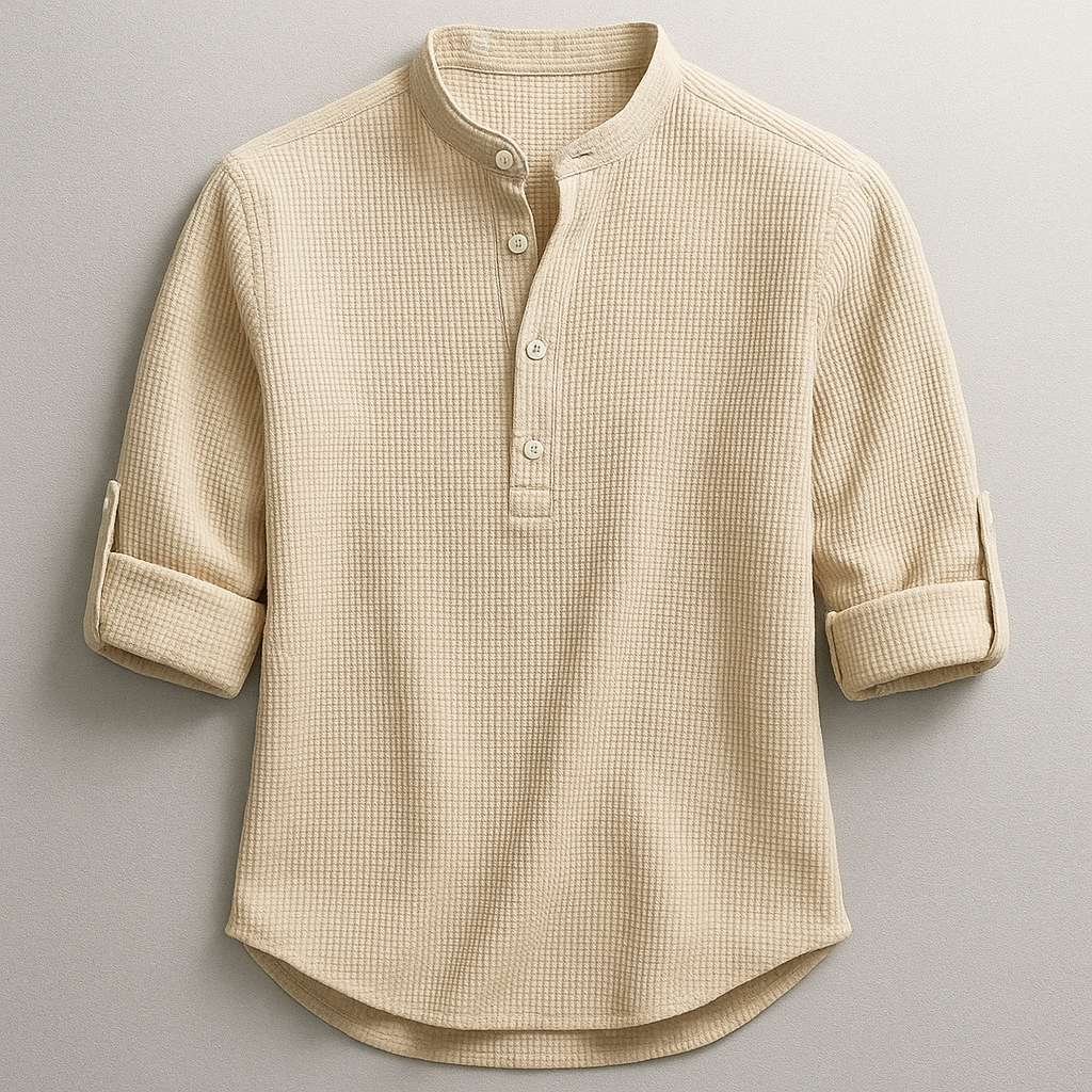 Men's textured Henley shirt with mandarin collar and button placket