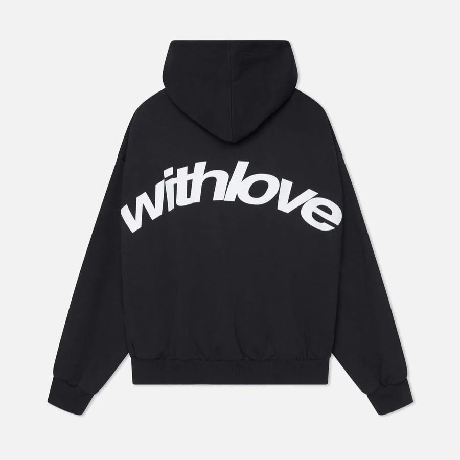 Oversized pullover hoodie with hood, long sleeves and contrasting text graphic on the back