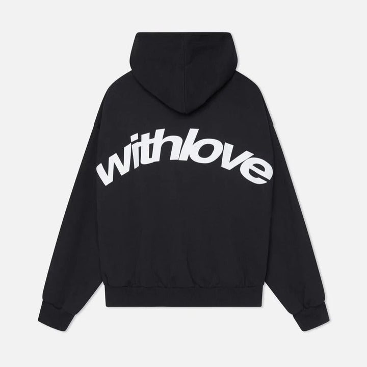 Oversized pullover hoodie with hood, long sleeves and contrasting text graphic on the back