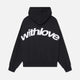 Oversized pullover hoodie with hood, long sleeves and contrasting text graphic on the back