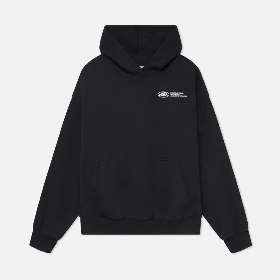 Oversized pullover hoodie with hood, long sleeves and contrasting text graphic on the back