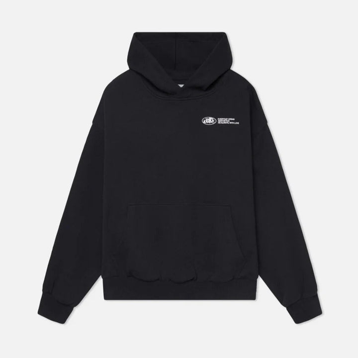 Oversized pullover hoodie with hood, long sleeves and contrasting text graphic on the back