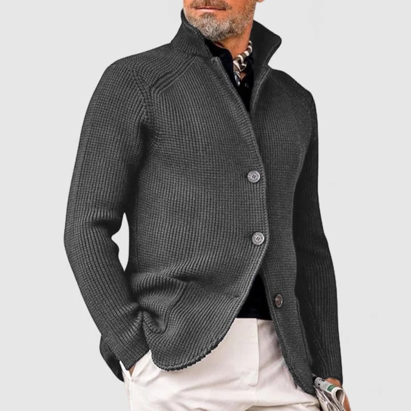 Men's textured knit cardigan with stand collar and buttons