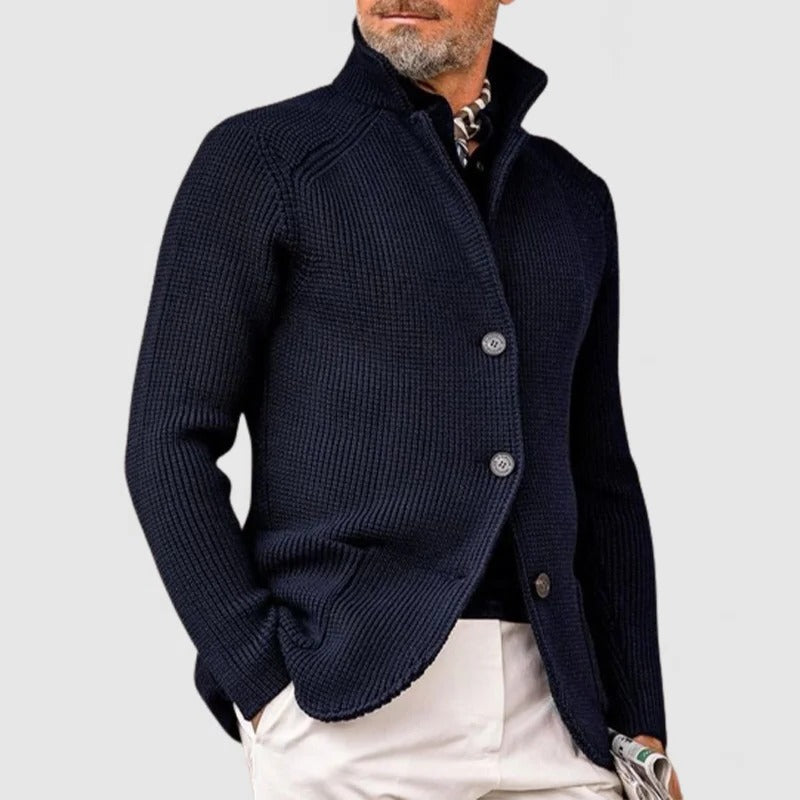 Men's textured knit cardigan with stand collar and buttons